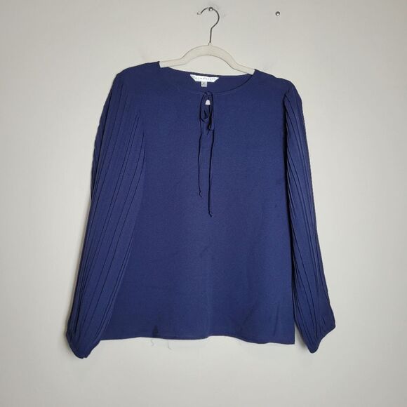 Navy Blue Pleated Sleeve Blouse Office Corporate Formal Church Modest Medium - Picture 5 of 9